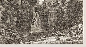 An einem Fluss mit Wasserfall im Hintergrund pausieren zwei Jäger. Einer sitzt, der andere steht, beide haben ihre Gewehre dabei. Links davon steht ein Hund.