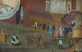 Der Ausschnitt aus dem Windsheimer Konfessionsbild zeigt ein Ehrengestühl, worauf die Stadträte sitzen, die einer Predigt lauschen und einer sog. Türkentaufe beiwohnen 